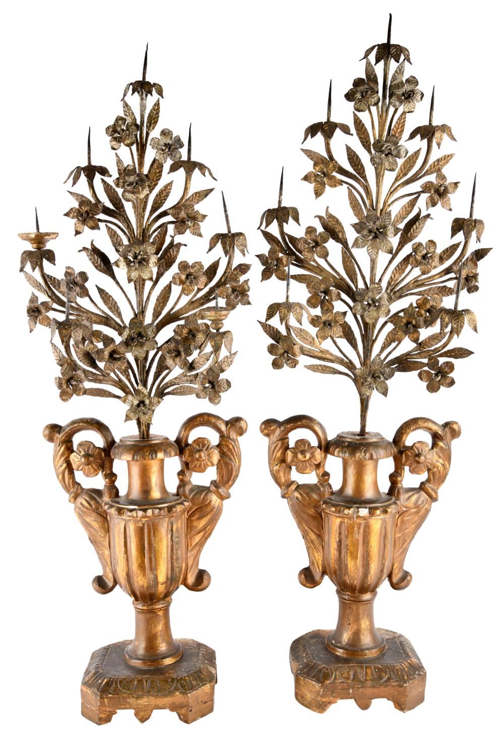 Appraisal: PAIR OF GILT METAL WOOD CANDELABRAeach with seven candle prickets