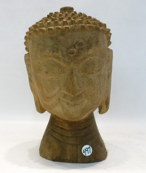 Appraisal: CARVED WOOD BUDDHA HEAD with snail shell curls and carved