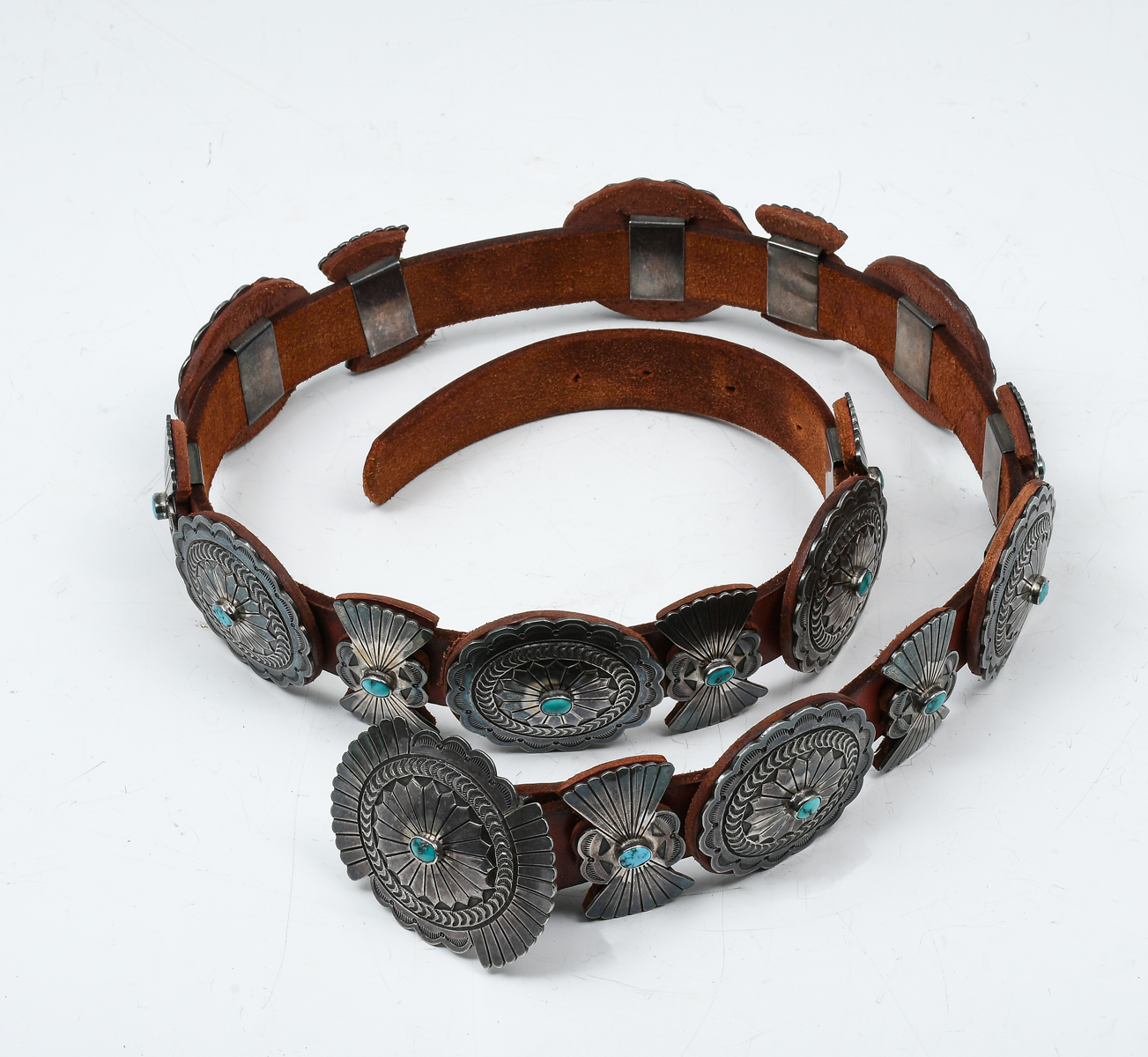 Appraisal: NATIVE AMERICAN HENRY SAM STERLING TURQUOISE CONCHO BELT This belt