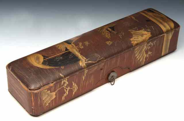 Appraisal: A JAPANESE FUBAKO RECTANGULAR BOX with gold lacquer landscape scenes