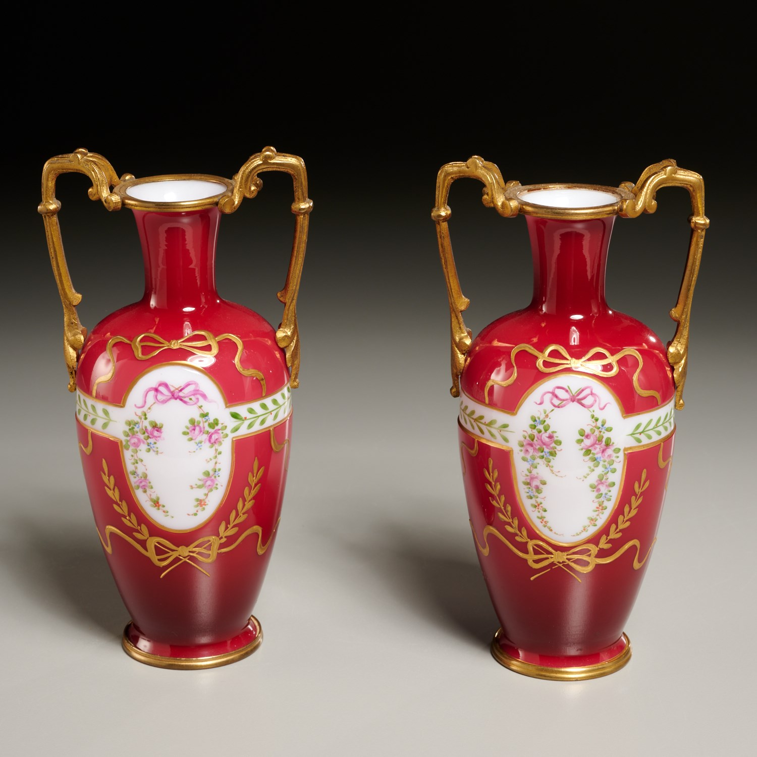 Appraisal: NICE PAIR FRENCH CASED OPALINE GLASS CABINET VASES Likely th