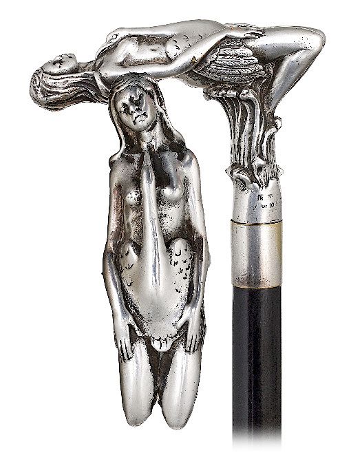 Appraisal: Silver Figural Cane - st Century -Large L-shaped silver handle