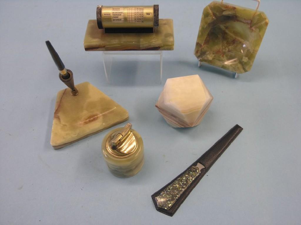 Appraisal: An onyx desk set five pieces including calendar also to