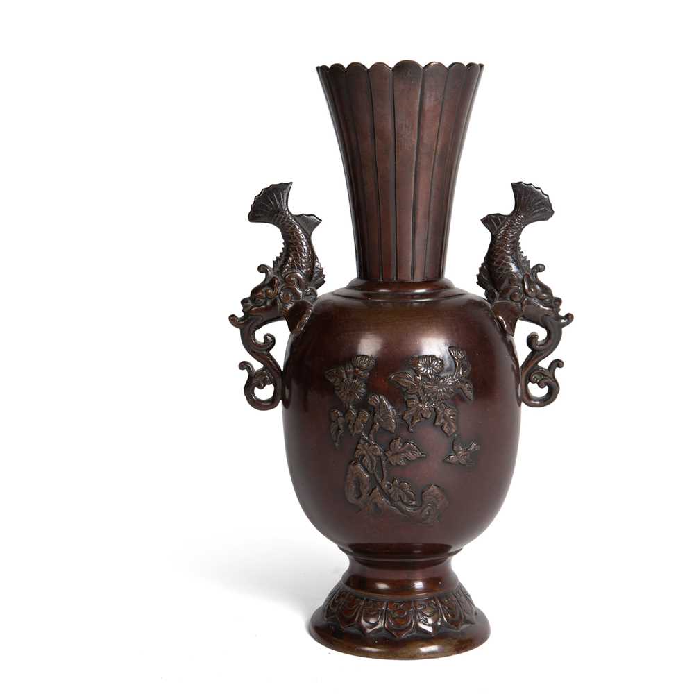 Appraisal: JAPANESE BRONZE BALUSTER VASE MEIJI PERIOD with elongated tapering petal