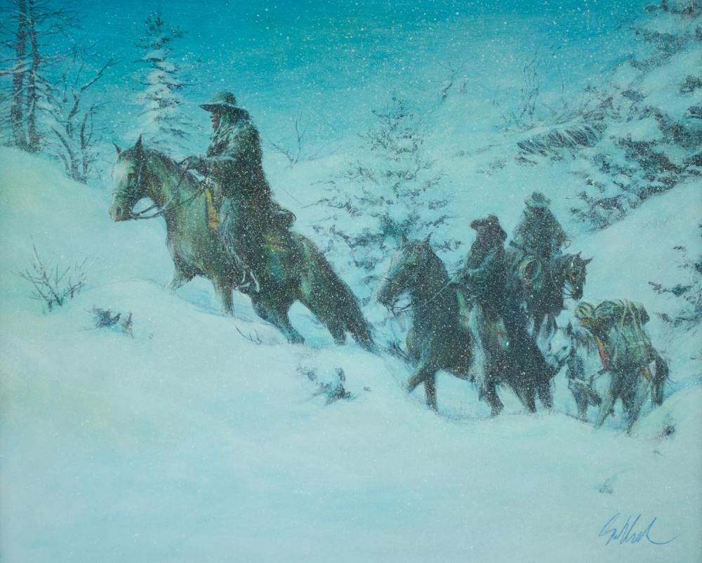 Appraisal: GUY DEEL California - oil on board The Snowstorm figures