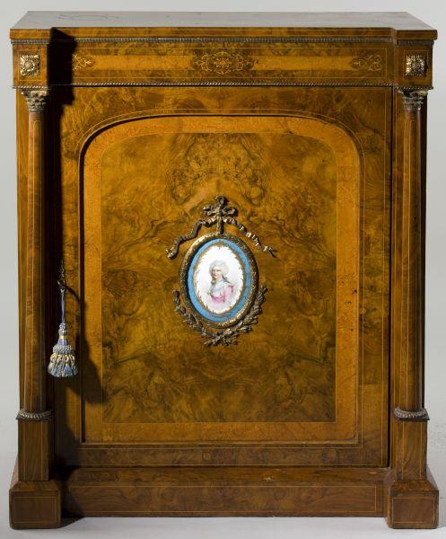 Appraisal: Italianate Burlwood Low Cabinet circa lightwood inlay throughout single hinged