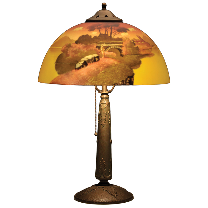 Appraisal: Jefferson lamp reverse painted shade witha landscape scene supported by