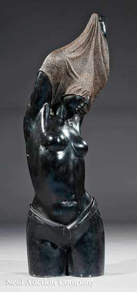 Appraisal: A Contemporary Black Marble Sculpture depicting a woman disrobing height