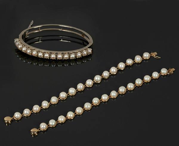 Appraisal: A collection of cultured pearl and gold jewelry comprising two