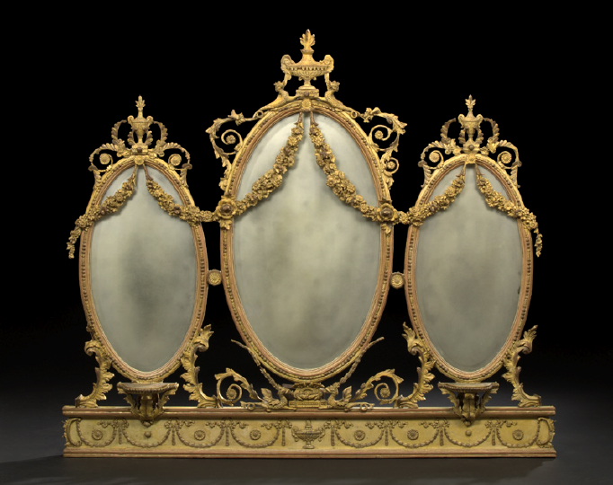 Appraisal: George III-Style Polychromed and Giltwood Tripartite Mirror late th century