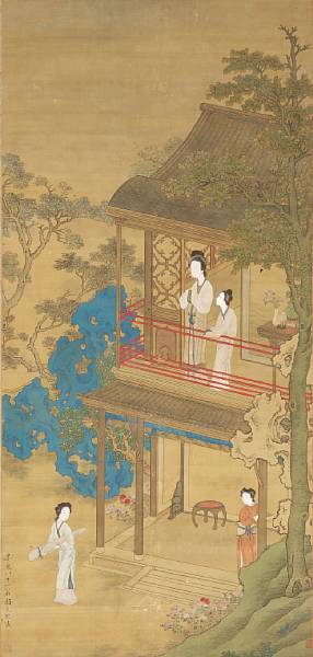 Appraisal: Attributed to Gu Jianlong -after Ladies in Garden Hanging scroll