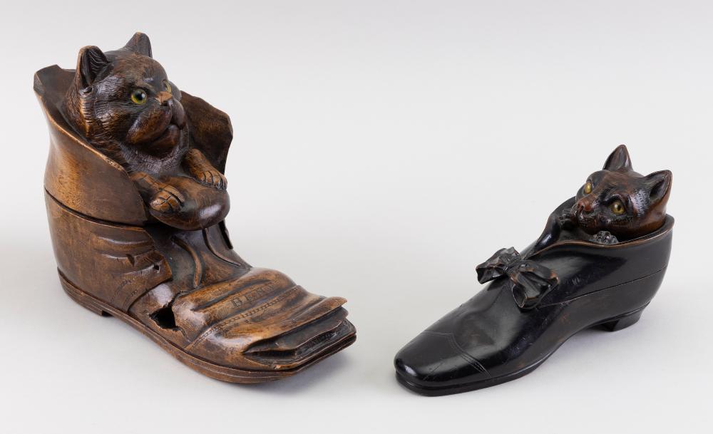 Appraisal: TWO BLACK FOREST CAT-IN-BOOT CARVED WOODEN SNUFF BOXES SWITZERLAND GERMANY