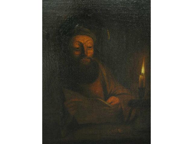 Appraisal: Old Master Oil Painting Man with book candle coins on