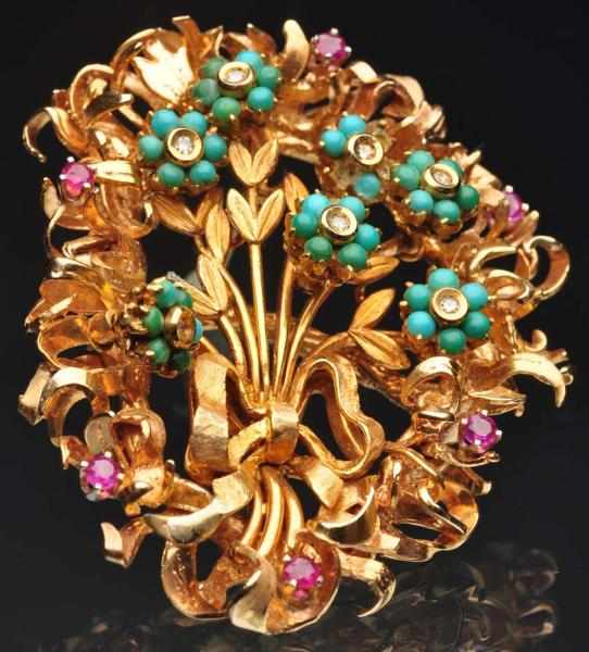 Appraisal: K Y Gold Turquoise Floral Pin One stone is missing