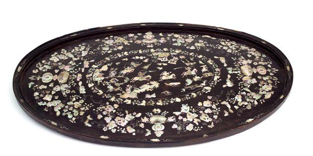 Appraisal: CHINESE MOTHER-OF-PEARL INLAID HARDWOOD PANEL th CENTURY of oval form