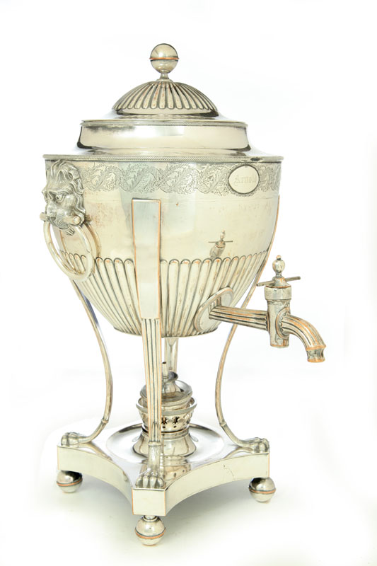 Appraisal: SHEFFIELD PLATE HOT WATER URN England early th century silver