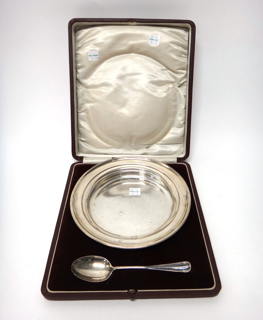 Appraisal: A silver circular christening bowl detailed Marion Birmingham with a