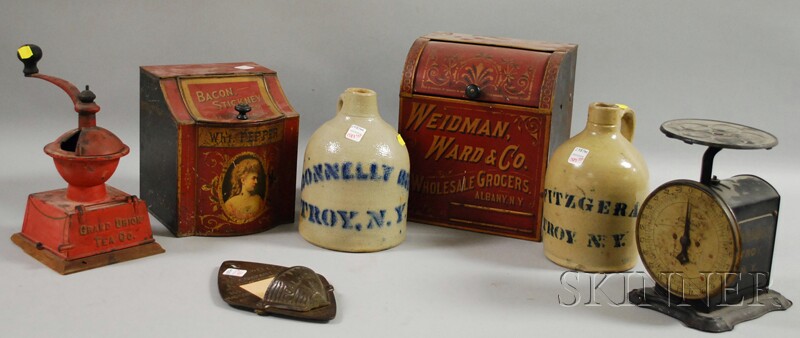 Appraisal: Group of Decorated Metal and Stoneware Advertising Items a painted