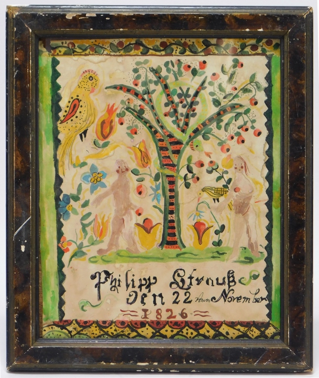 Appraisal: ADAM EVE RELIGIOUS FRAKTUR WC PAINTING United States Depicts Adam