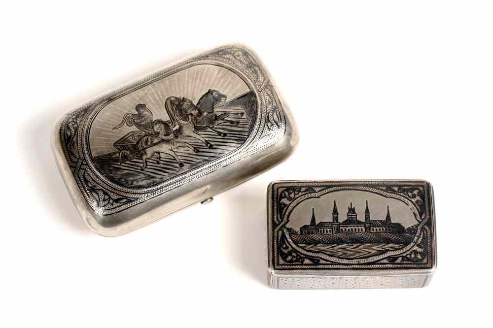 Appraisal: RUSSIAN NIELLO SILVER BOXES - Cheroot Box in oblong ovoid