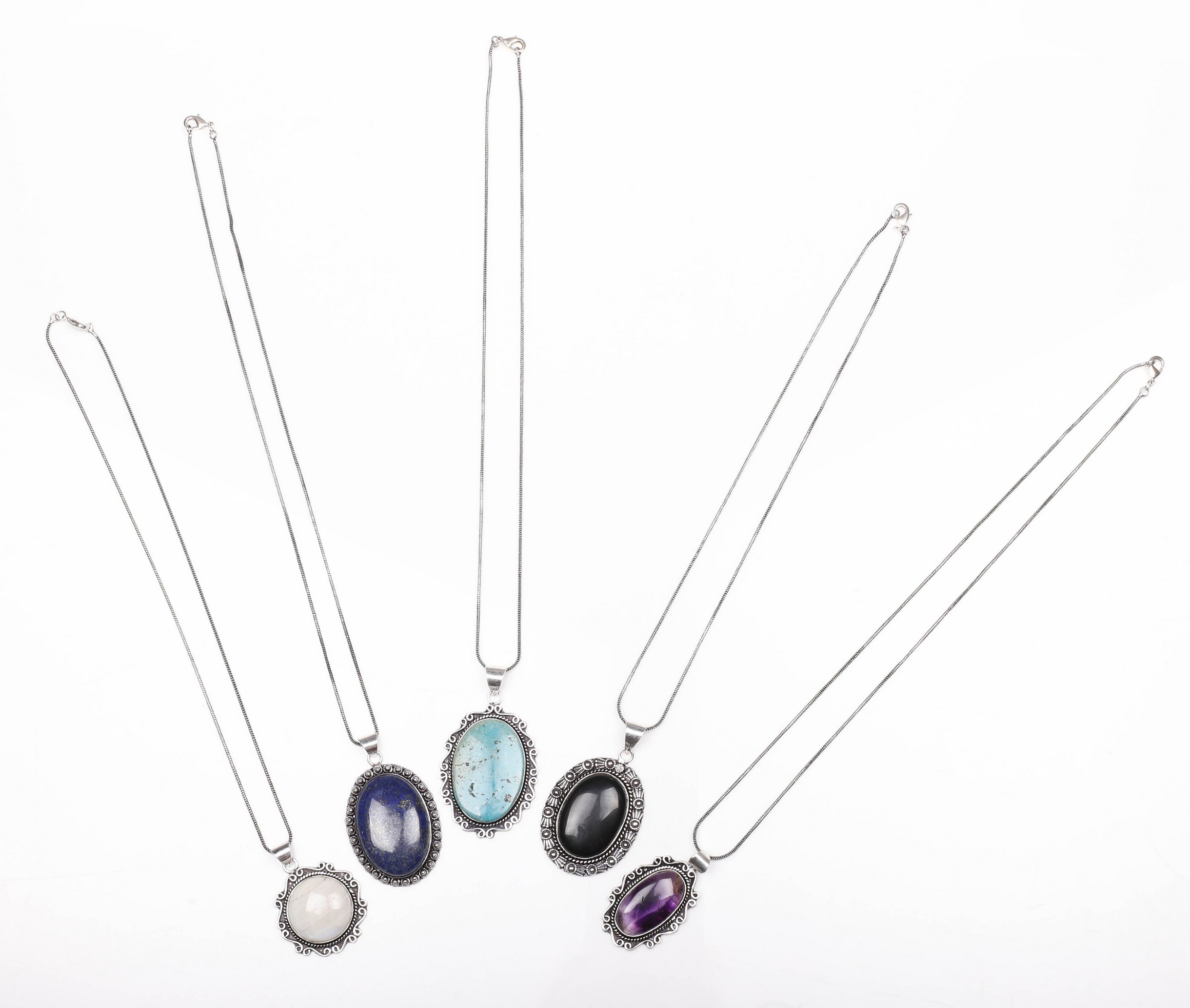 Appraisal: Silver semi-precious stone necklaces to include onyx moonstone synthetic turquoise