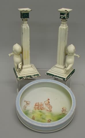 Appraisal: - Metal candlesticks china feeding dish Pair of unmarked metal