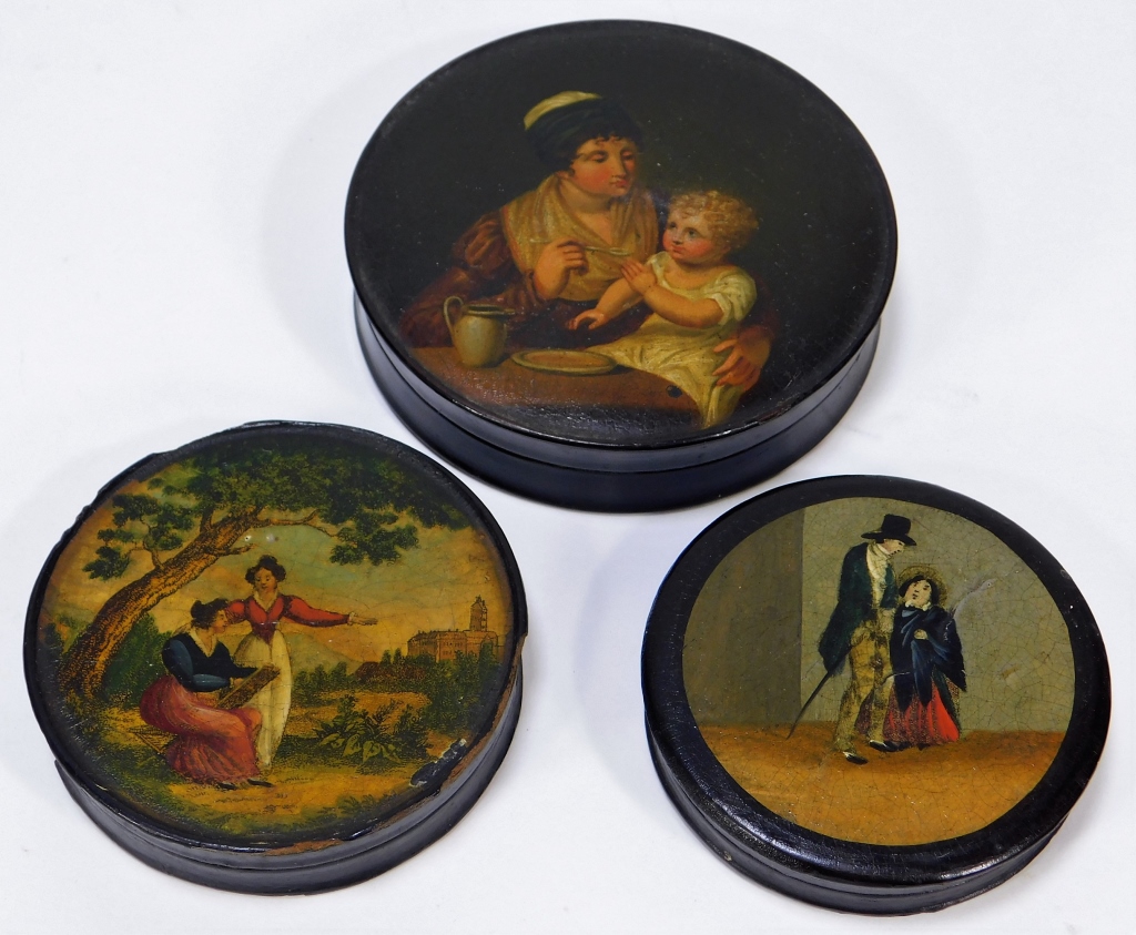 Appraisal: ANTIQUE EUROPEAN PORTRAIT PAINTED SNUFF BOXES Europe th- th CenturyLot