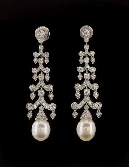 Appraisal: Pair of Platinum Diamond and Pearl Pendant Earrings each frame