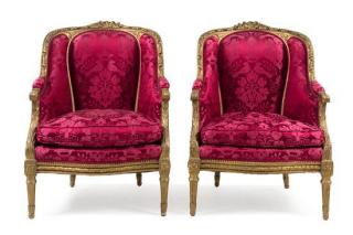 Appraisal: A Pair of Louis XVI Style Giltwood Bergeres Height inches