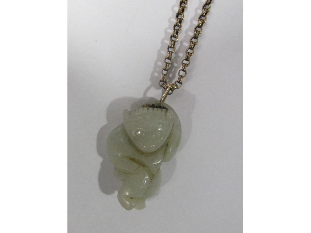 Appraisal: Carved jade monkey pendant on ct rose gold belcher link