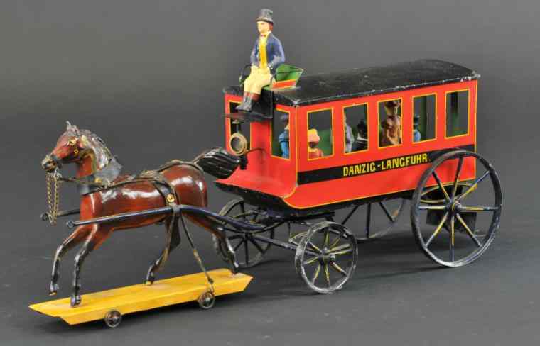 Appraisal: HORSE DRAWN TROLLEY Lutz Germany c hand painted tin trolley