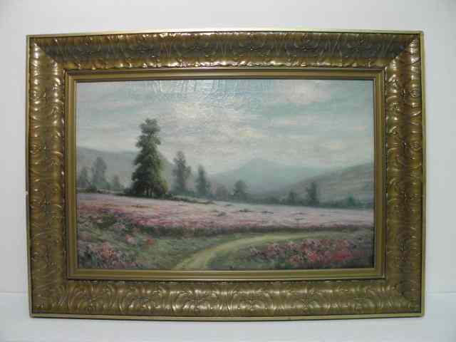 Appraisal: Oil on canvas landscape painting depicting a mountainside meadow Signed