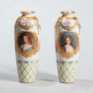 Appraisal: Pair of Royal Bonn Porcelain Portrait Vases Germany late th