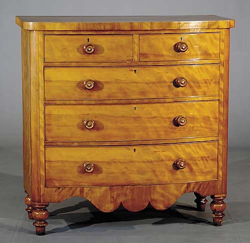 Appraisal: Scottish birch bow front chest of drawers circa bowed top