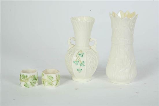 Appraisal: FOUR PIECES OF IRISH BELLEEK Circa - A double handled