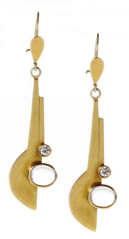 Appraisal: A PAIR OF DIAMOND AND MOONSTONE EARRINGS of abstract design