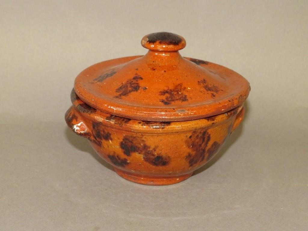 Appraisal: PA REDWARE COVERED SUGAR BOWLca small PA manganese sponged redware