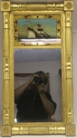 Appraisal: TH C SPLIT COLUMN PART GILDED MIRROR WITHREVERSE PAINTED PANEL