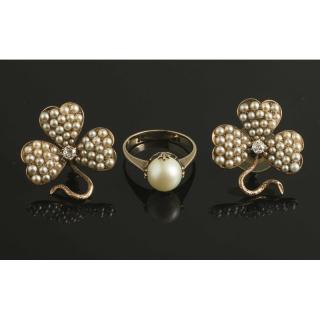 Appraisal: Pearl Diamond Earrings Ring k gold ring containing an mm