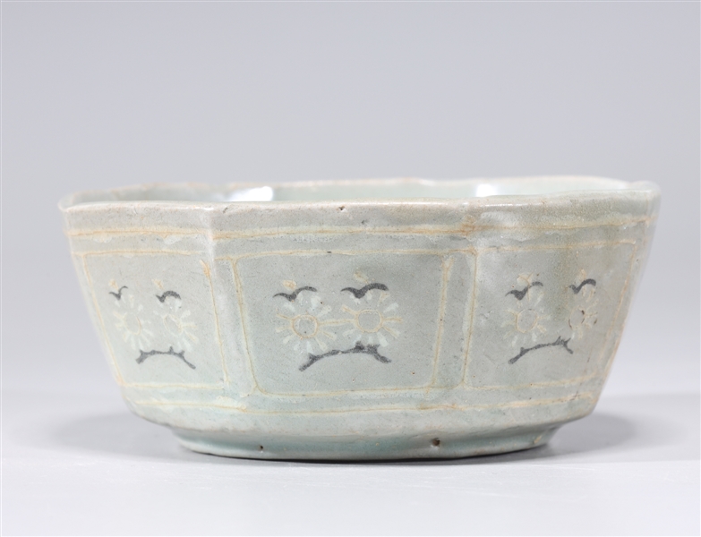 Appraisal: Korean celadon glazed faceted dish with floral designs to exterior