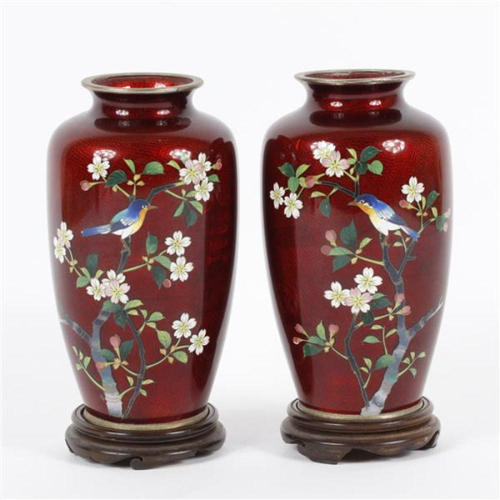 Appraisal: TWO JAPANESE RED GINBARI PIGEON BLOOD CLOISONNE VASES WITH FLORAL