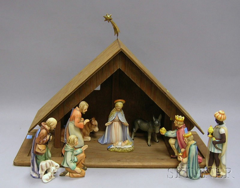 Appraisal: Ten-piece Hummel Ceramic Nativity Set with Wooden Manger ht to