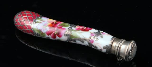 Appraisal: Hand painted with flowers and with silver filigree overlay modeled