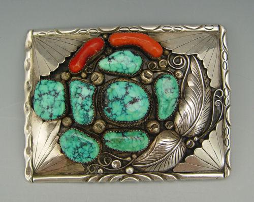 Appraisal: NATIVE AMERICAN TURQUOISE BELT BUCKLE Large rectangular dimensional buckle set