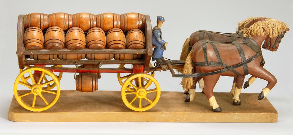 Appraisal: CARVED WOOD MODEL OF A HORSE-DRAWN CART Circa Carrying kegs