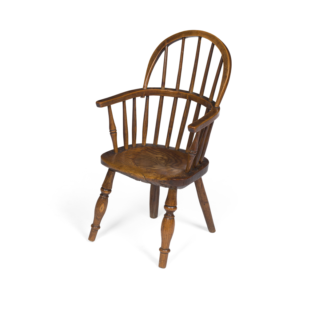 Appraisal: MINIATURE ELM WINDSOR ARMCHAIR TH CENTURY the hoop back and