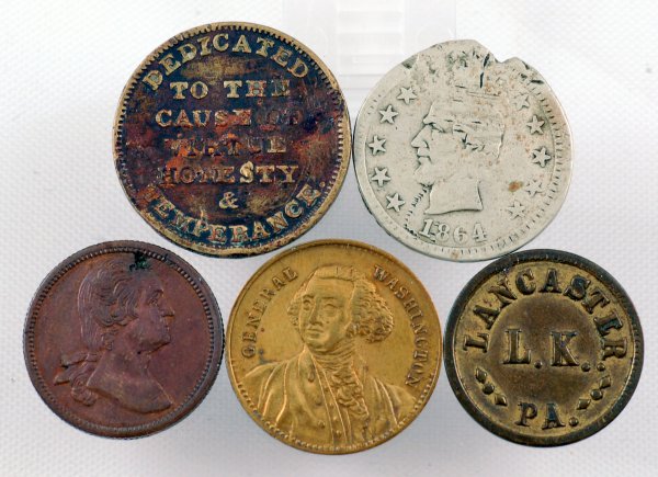 Appraisal: Lot of five Civil War tokens Includes Obverse w ith