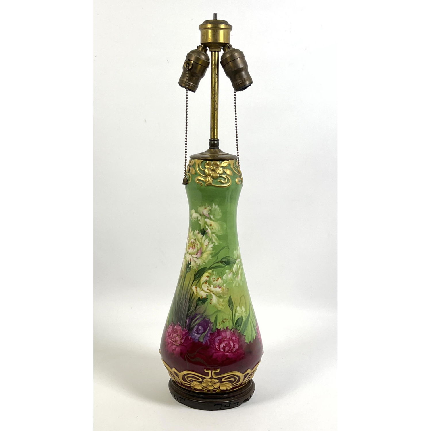 Appraisal: J MEILLER Hand Painted Floral Table Lamp Richly painted Parrot