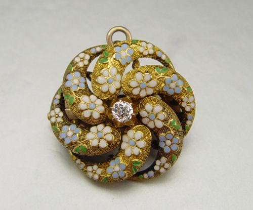 Appraisal: K ENAMELED DIAMOND BROOCH PENDANT K yellow gold pinwheel brooch