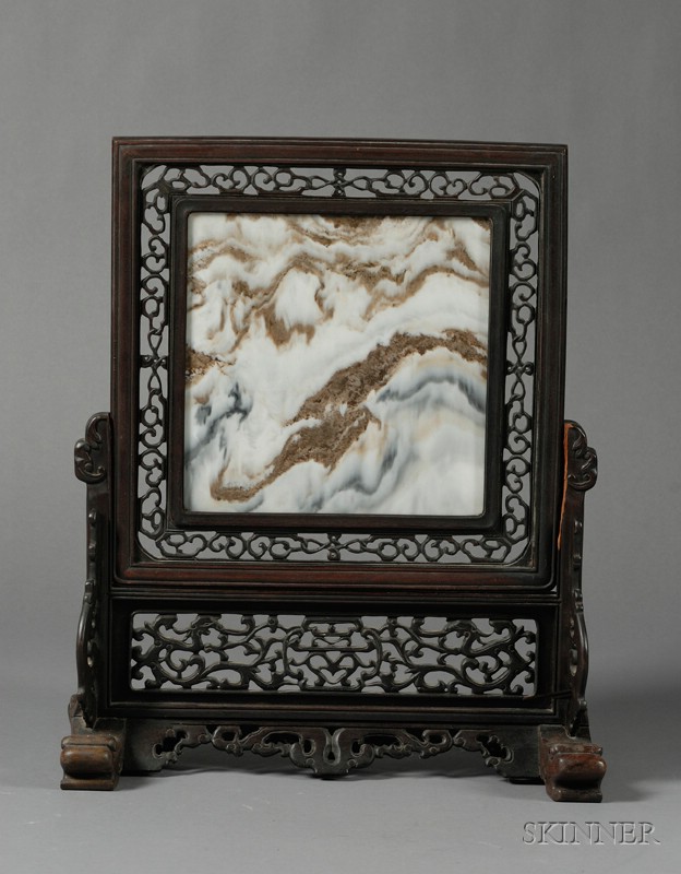 Appraisal: Table Screen China th century dream stone marble panel carved